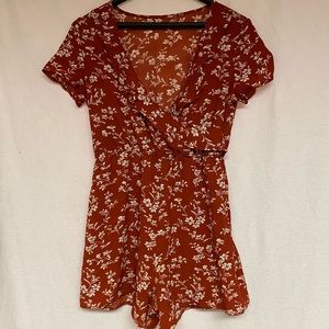 Red&White Floral Print Front Belted Romper